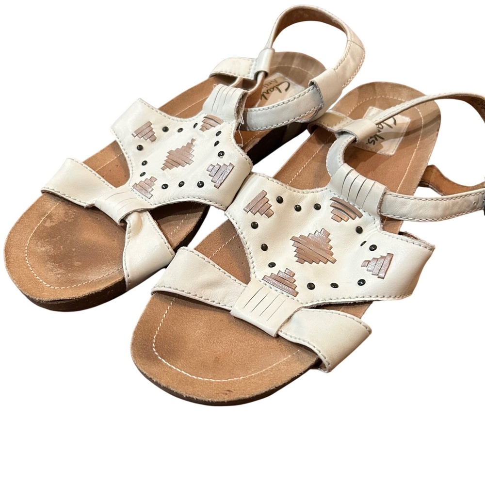 Clarks Artisan Sandals Womens White Leather Geometric Embroidered 9.5